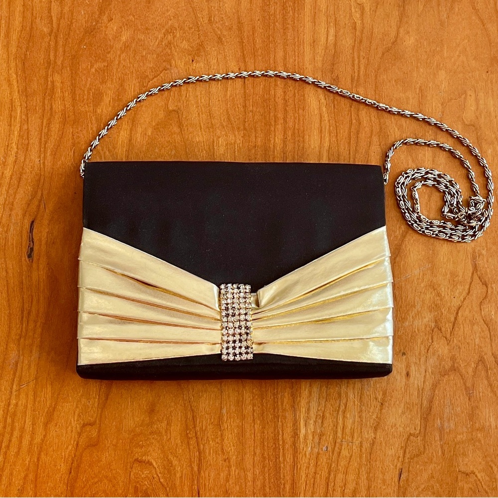 Elegant Vintage Evening Clutch/Shoulder Bag /Crossbody Bag. Black with Gold Bow.